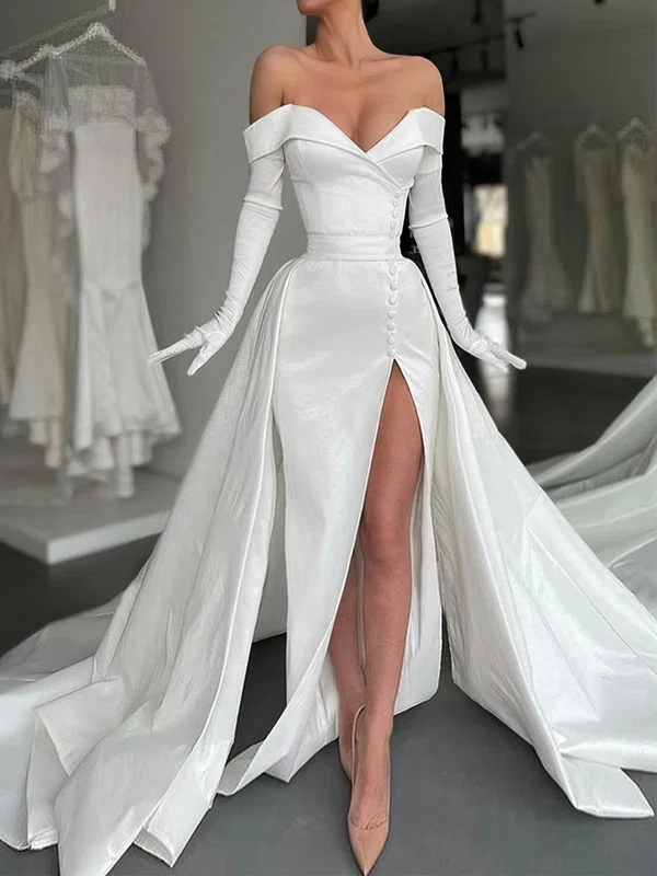 Sheath/Column Off-the-shoulder Satin Sweep Train Wedding Dresses With Split Front #Milly00024424