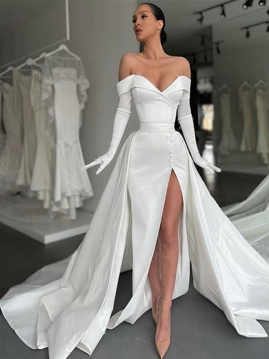 Sheath/Column Off-the-shoulder Satin Sweep Train Wedding Dresses With Split Front #Milly00024424