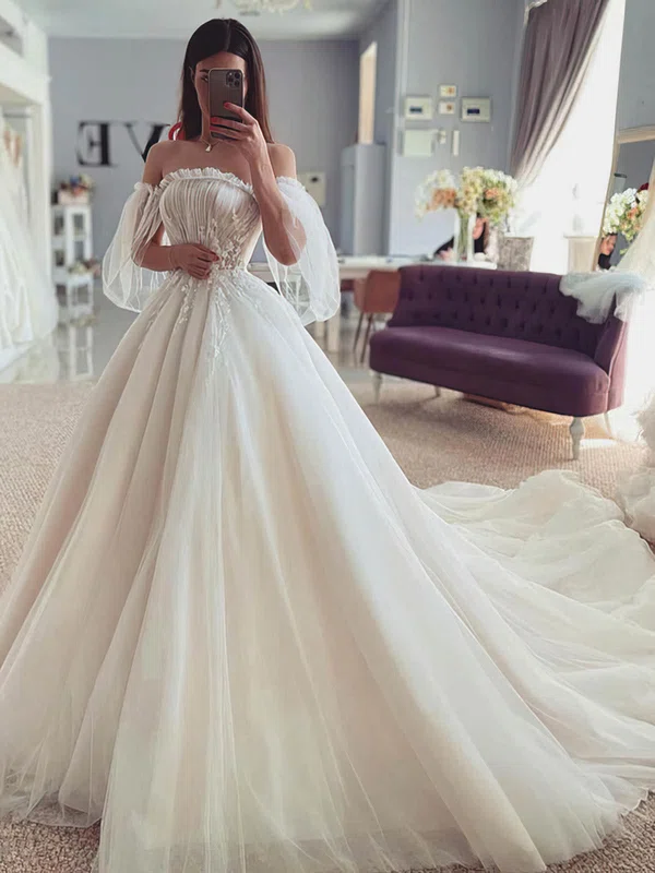 Ball Gown Off-the-shoulder Tulle Court Train Wedding Dresses With Appliques Lace #Milly00024425