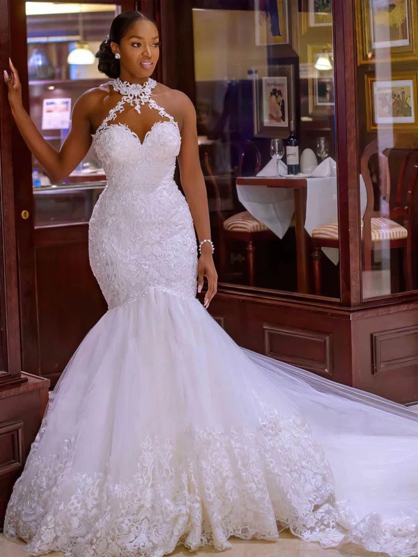 Trumpet/Mermaid High Neck Tulle Court Train Wedding Dresses With Beading #Milly00024426