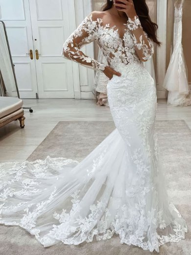 Trumpet/Mermaid Scoop Neck Tulle Court Train Appliques Lace Wedding Dresses #Milly00024427