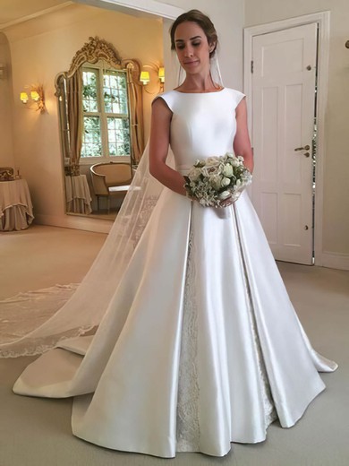 A-line Square Neckline Satin Court Train Appliques Lace Wedding Dresses #Milly00024431