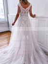 A-line Scalloped Neck Tulle Court Train Beading Wedding Dresses #Milly00024432