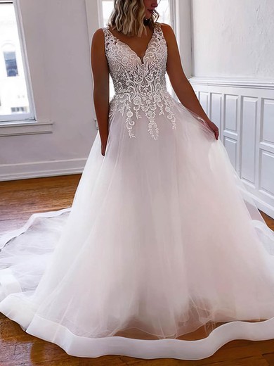 A-line V-neck Tulle Court Train Beading Wedding Dresses #Milly00024433