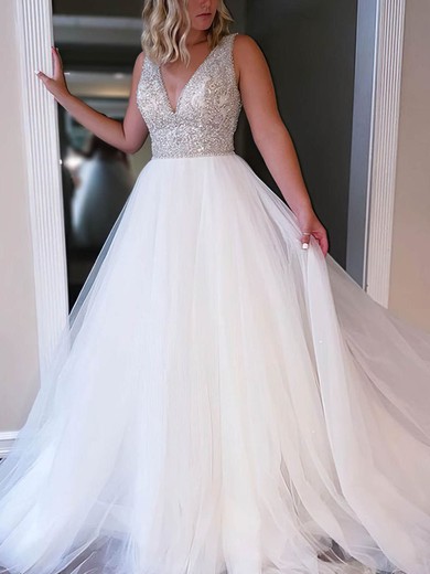 A-line V-neck Tulle Sweep Train Beading Wedding Dresses #Milly00024434