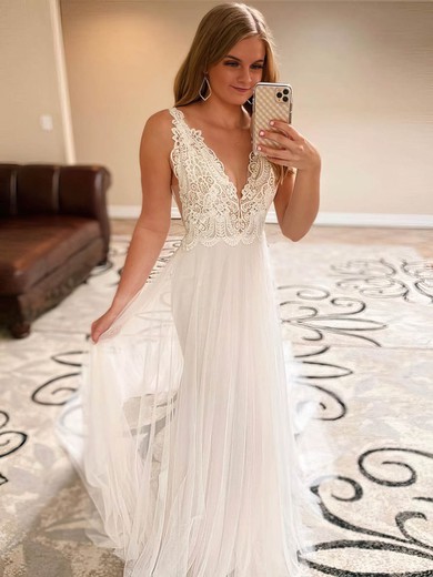 A-line V-neck Tulle Sweep Train Appliques Lace Wedding Dresses #Milly00024436
