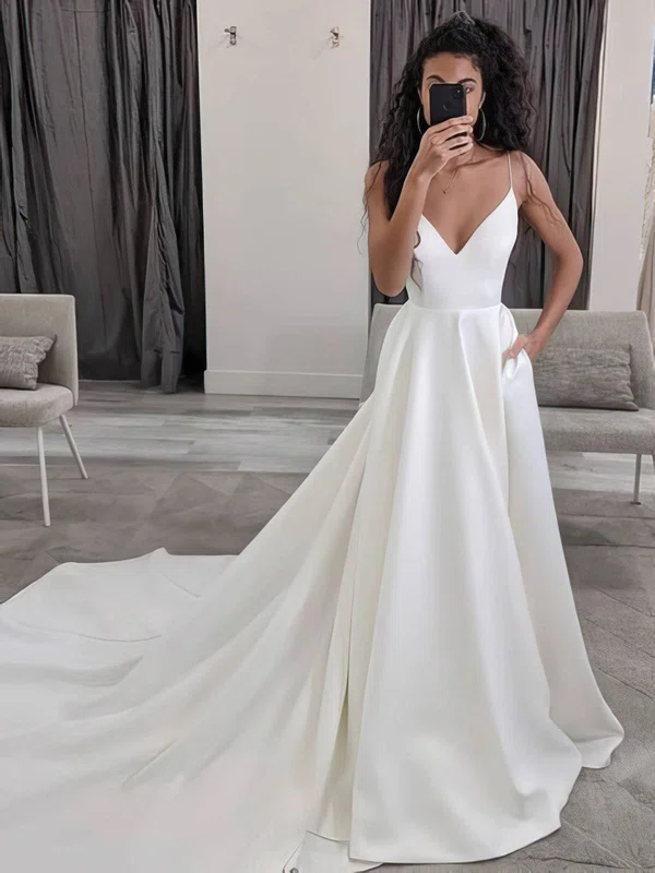 Ball Gown V-neck Satin Court Train Wedding Dresses With Pockets #Milly00024438