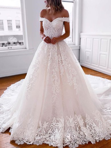 A-line Off-the-shoulder Tulle Court Train Beading Wedding Dresses #Milly00024439