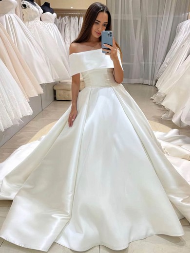 Ball Gown Off-the-shoulder Satin Court Train Wedding Dresses #Milly00024440