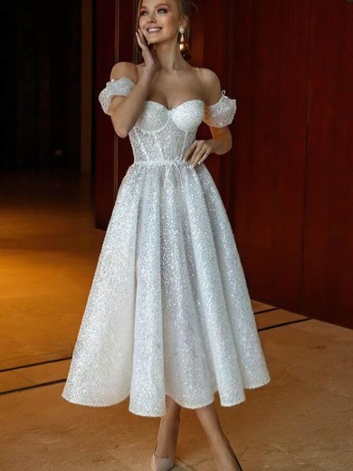 A-line Off-the-shoulder Sequined Tea-length Wedding Dresses #Milly00024441