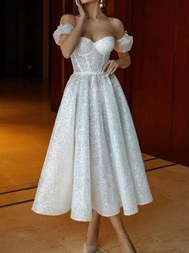 Ball Gown/Princess Off-the-shoulder Glitter Tea-length Wedding Dresses #Milly00024441