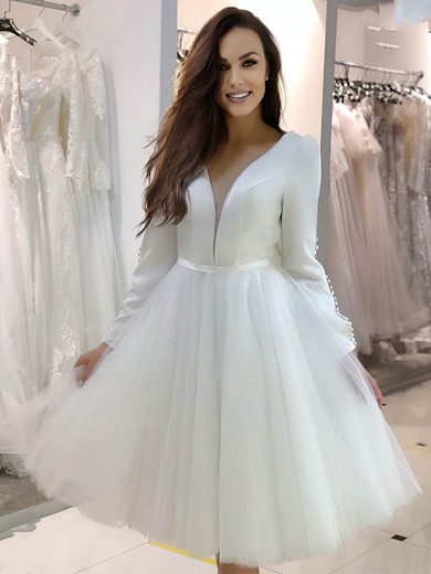 A-line V-neck Satin Tulle Knee-length Buttons Wedding Dresses #Milly00024442
