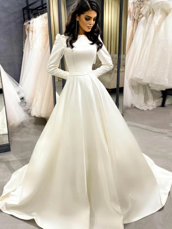 Ball Gown Scoop Neck Satin Court Train Wedding Dresses With Buttons #Milly00024443