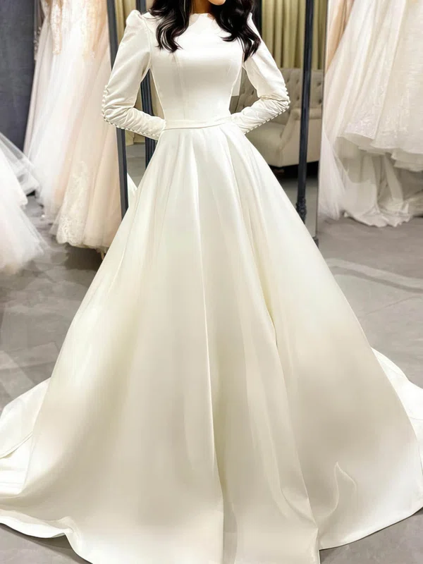 Ball Gown/Princess Scoop Neck Satin Court Train Wedding Dresses With Buttons #Milly00024443