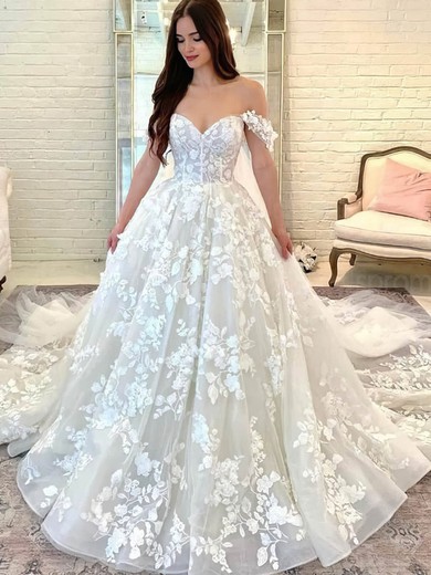 Ball Gown Off-the-shoulder Tulle Court Train Wedding Dresses With Appliques Lace #Milly00024444