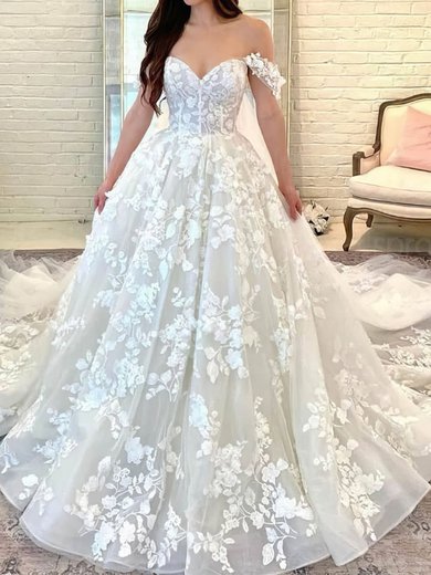 Ball Gown/Princess Off-the-shoulder Tulle Court Train Wedding Dresses With Appliques Lace #Milly00024444