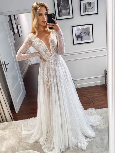 A-line V-neck Glitter Sweep Train Wedding Dresses #Milly00024446