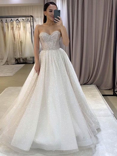 A-line Sweetheart Glitter Sweep Train Wedding Dresses #Milly00024448
