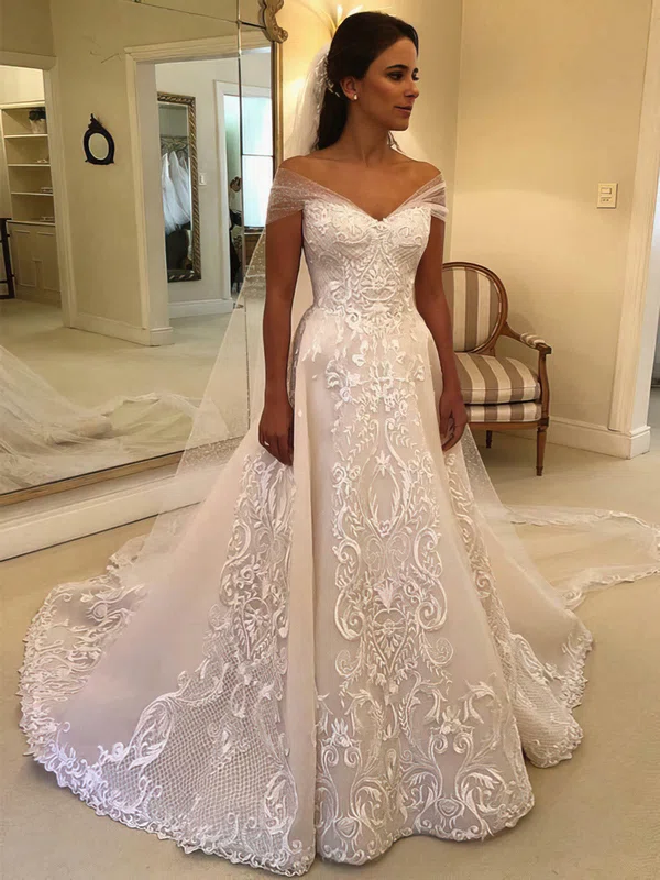 Ball Gown Off-the-shoulder Tulle Court Train Wedding Dresses With Beading #Milly00024449