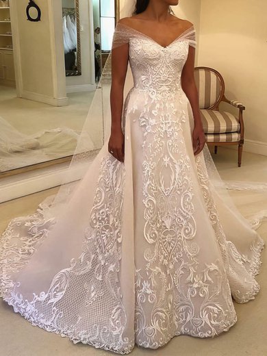 Ball Gown/Princess Off-the-shoulder Tulle Court Train Wedding Dresses With Beading #Milly00024449