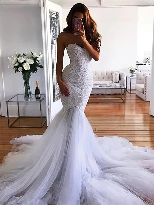 Trumpet/Mermaid Sweetheart Tulle Court Train Wedding Dresses With Appliques Lace #Milly00024450