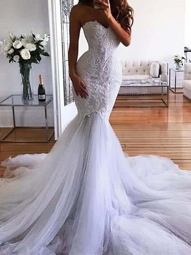 Trumpet/Mermaid Sweetheart Tulle Court Train Wedding Dresses With Appliques Lace #Milly00024450