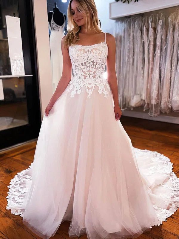 Ball Gown Square Neckline Tulle Court Train Wedding Dresses With Appliques Lace #Milly00024451