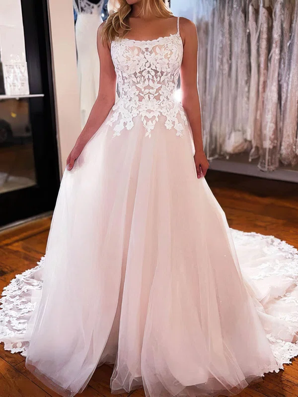 Ball Gown/Princess Square Neckline Tulle Court Train Wedding Dresses With Appliques Lace #Milly00024451