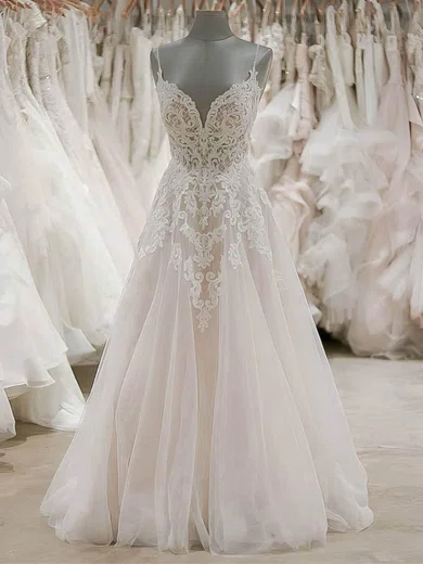 Ball Gown/Princess V-neck Tulle Sweep Train Wedding Dresses With Beading #Milly00024453