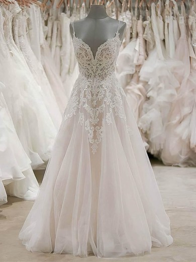 A-line V-neck Tulle Sweep Train Beading Wedding Dresses #Milly00024453