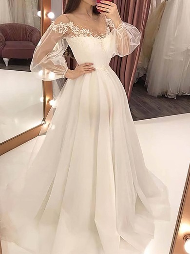 A-line Scoop Neck Tulle Court Train Beading Wedding Dresses #Milly00024455