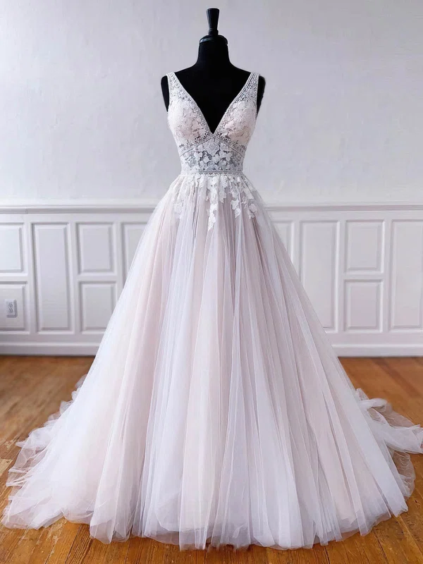 Ball Gown V-neck Tulle Court Train Wedding Dresses With Appliques Lace #Milly00024457