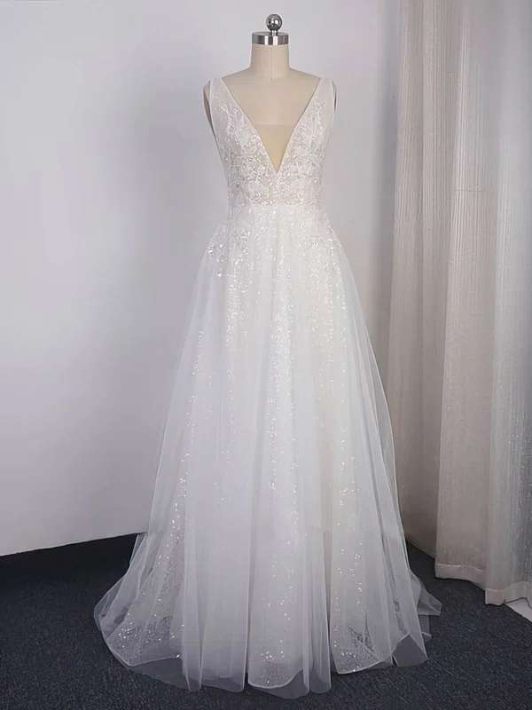 Ball Gown V-neck Tulle Sweep Train Wedding Dresses With Appliques Lace #Milly00024459