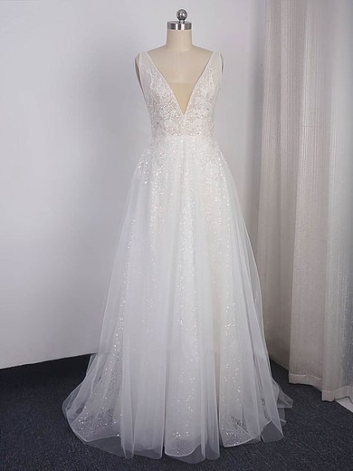 A-line V-neck Tulle Sweep Train Appliques Lace Wedding Dresses #Milly00024459