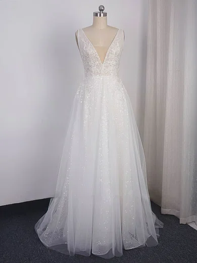 Ball Gown/Princess V-neck Tulle Sweep Train Wedding Dresses With Appliques Lace #Milly00024459