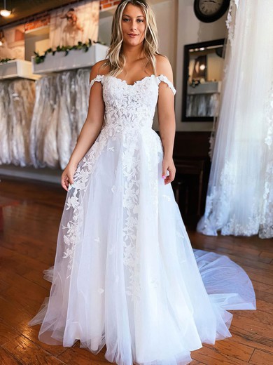 A-line V-neck Tulle Court Train Appliques Lace Wedding Dresses #Milly00024461