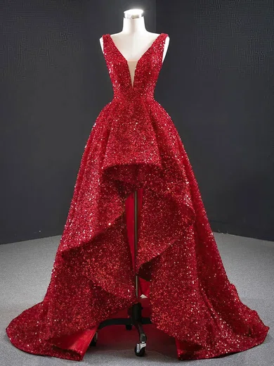 Ball Gown/Princess V-neck Glitter Asymmetrical Wedding Dresses With Cascading Ruffles #Milly00024462