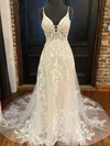 Ball Gown V-neck Tulle Sweep Train Wedding Dresses With Appliques Lace #Milly00024464