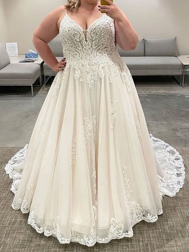 Ball Gown/Princess V-neck Tulle Court Train Wedding Dresses With Appliques Lace #Milly00024466