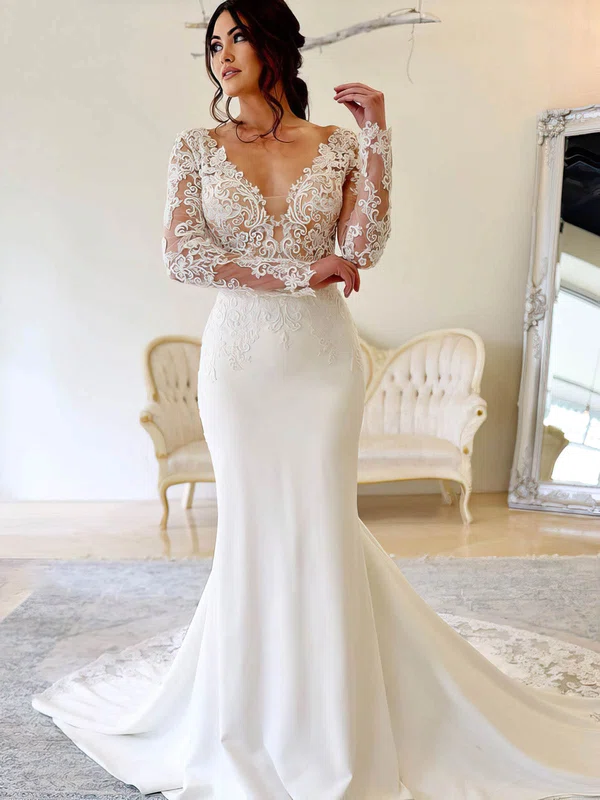 Trumpet/Mermaid V-neck Stretch Crepe Court Train Wedding Dresses With Appliques Lace #Milly00024467