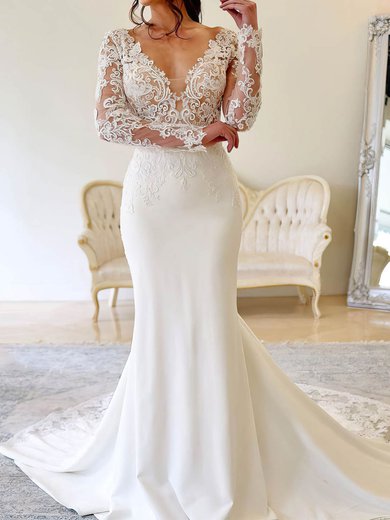 Trumpet/Mermaid V-neck Stretch Crepe Court Train Wedding Dresses With Appliques Lace #Milly00024467