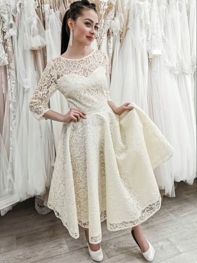 A-line Illusion Lace Tea-length Wedding Dresses #Milly00024468