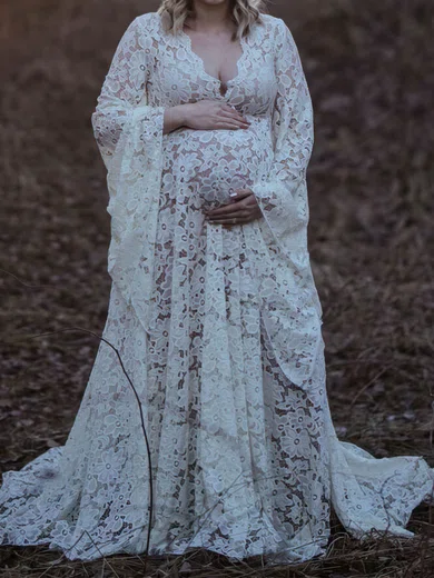 A-line V-neck Lace Sweep Train Wedding Dresses #Milly00024469