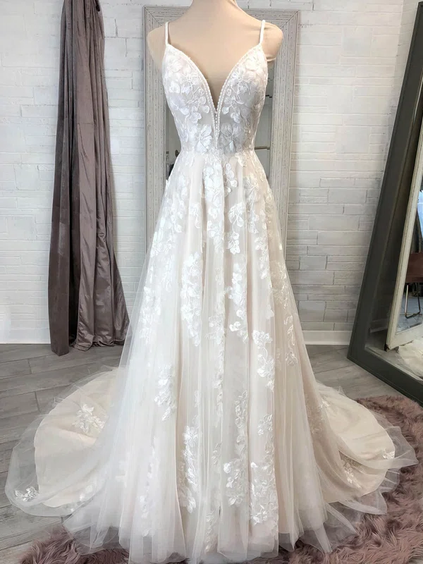 Ball Gown V-neck Tulle Court Train Wedding Dresses With Appliques Lace #Milly00024470