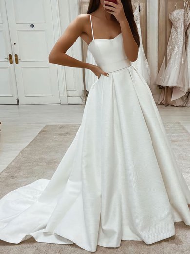 A-line Sweetheart Satin Sweep Train Wedding Dresses #Milly00024474