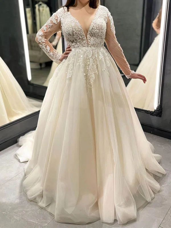 Ball Gown/Princess V-neck Tulle Court Train Wedding Dresses With Appliques Lace #Milly00024476