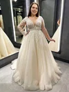 Ball Gown V-neck Tulle Court Train Wedding Dresses With Appliques Lace #Milly00024476