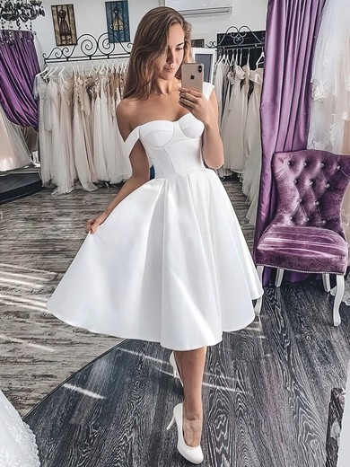 A-line Off-the-shoulder Satin Tea-length Wedding Dresses #Milly00024477
