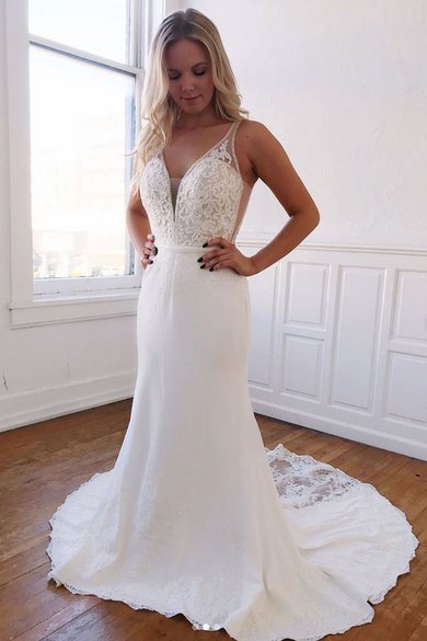 Trumpet/Mermaid V-neck Chiffon Court Train Wedding Dresses With Appliques Lace #Milly00024488