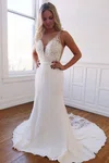 Trumpet/Mermaid V-neck Chiffon Court Train Wedding Dresses With Appliques Lace #Milly00024488